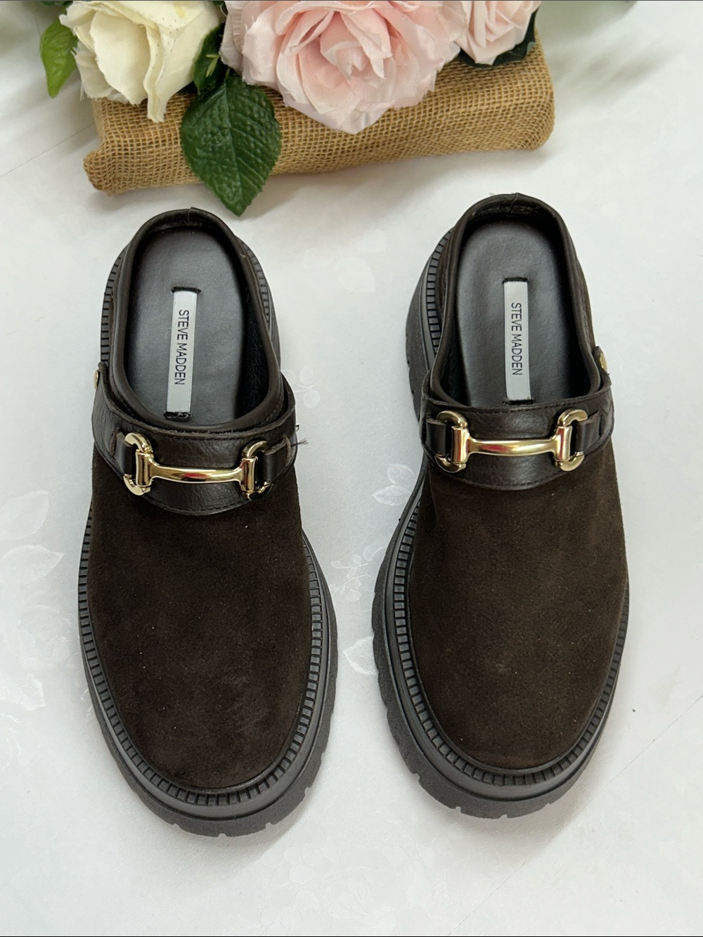 Steve Madden Dark Brown Suede Slip-On Loafers with Gold Bit